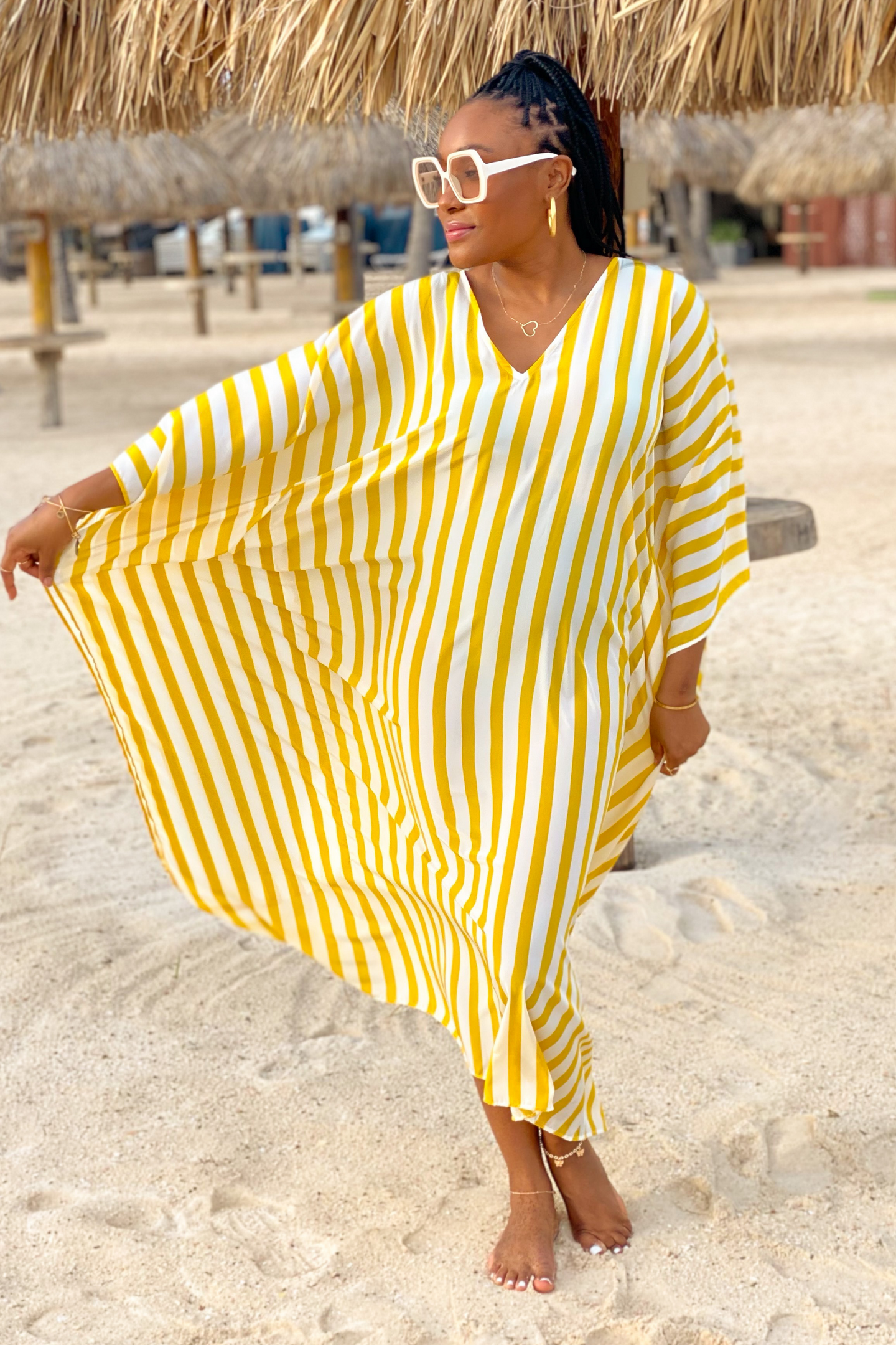 Azure Striped V-Neck Caftan Dress